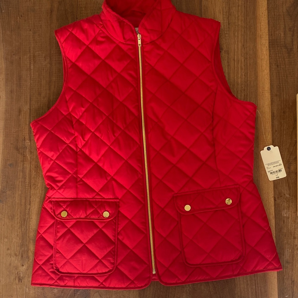 Vibrant St John’s Bay Red Quilted Vest with Gold Accents Large Tall NWT